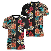Hawaiian Hibiscus and Tropical Leaves Women V-Neck T-Shirt Patchwork Grunge Abstract Vintage Style LT03 - Polynesian Pride