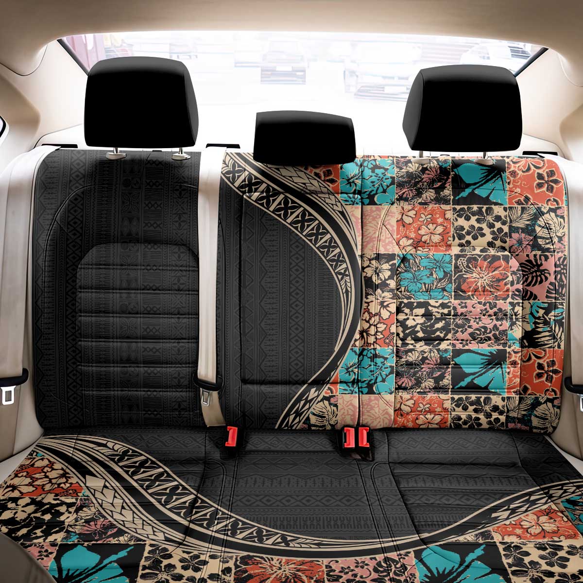 Hawaiian Hibiscus and Tropical Leaves Back Car Seat Cover Patchwork Grunge Abstract and Tapa Tribal Pattern Half Style LT03 - Polynesian Pride