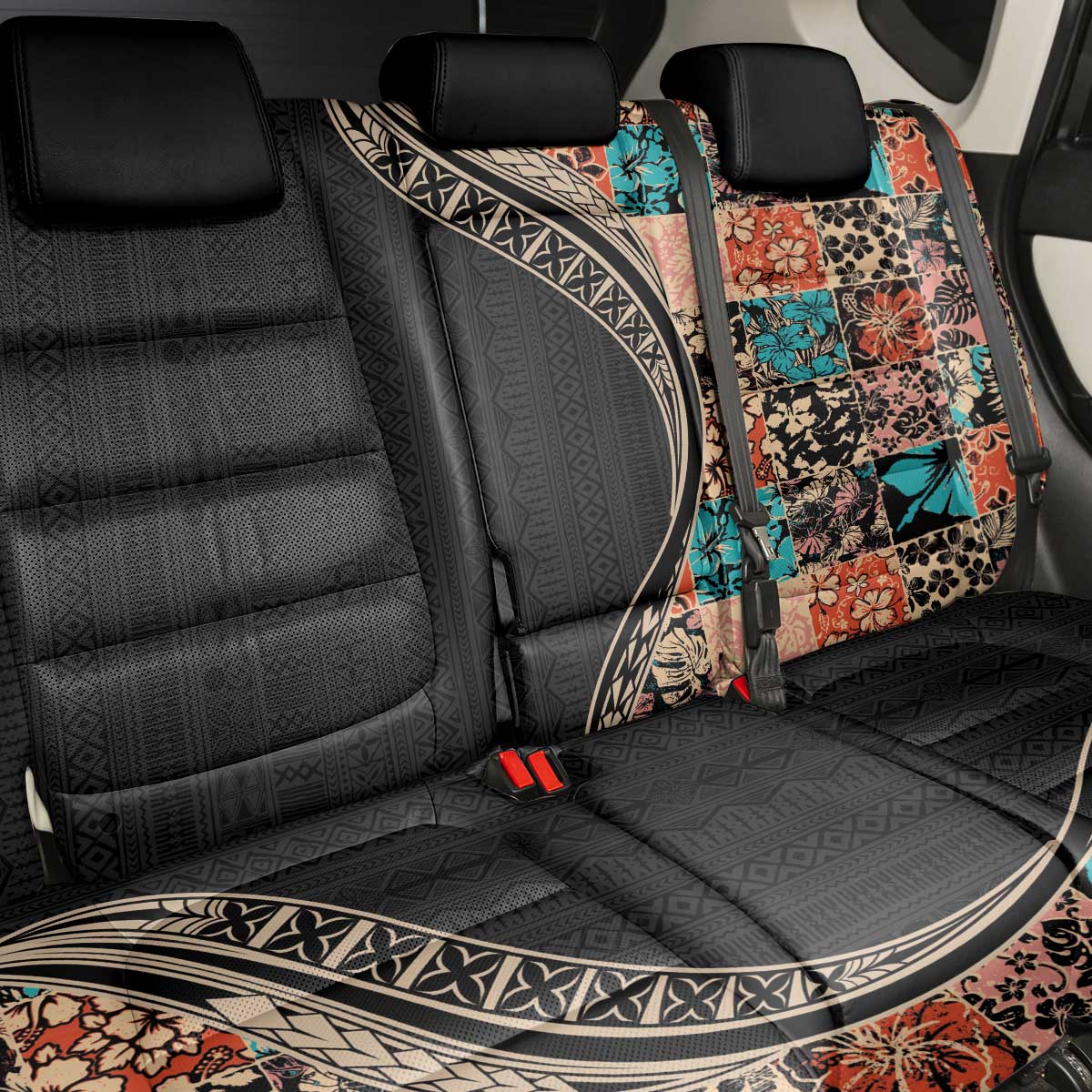 Hawaiian Hibiscus and Tropical Leaves Back Car Seat Cover Patchwork Grunge Abstract and Tapa Tribal Pattern Half Style LT03 - Polynesian Pride