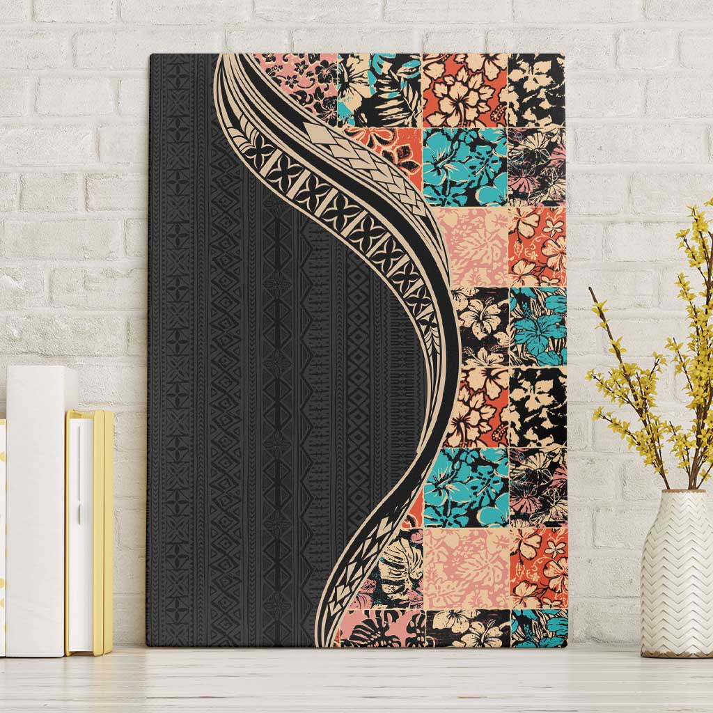 Hawaiian Hibiscus and Tropical Leaves Canvas Wall Art Patchwork Grunge Abstract and Tapa Tribal Pattern Half Style LT03 Without Frame Black - Polynesian Pride