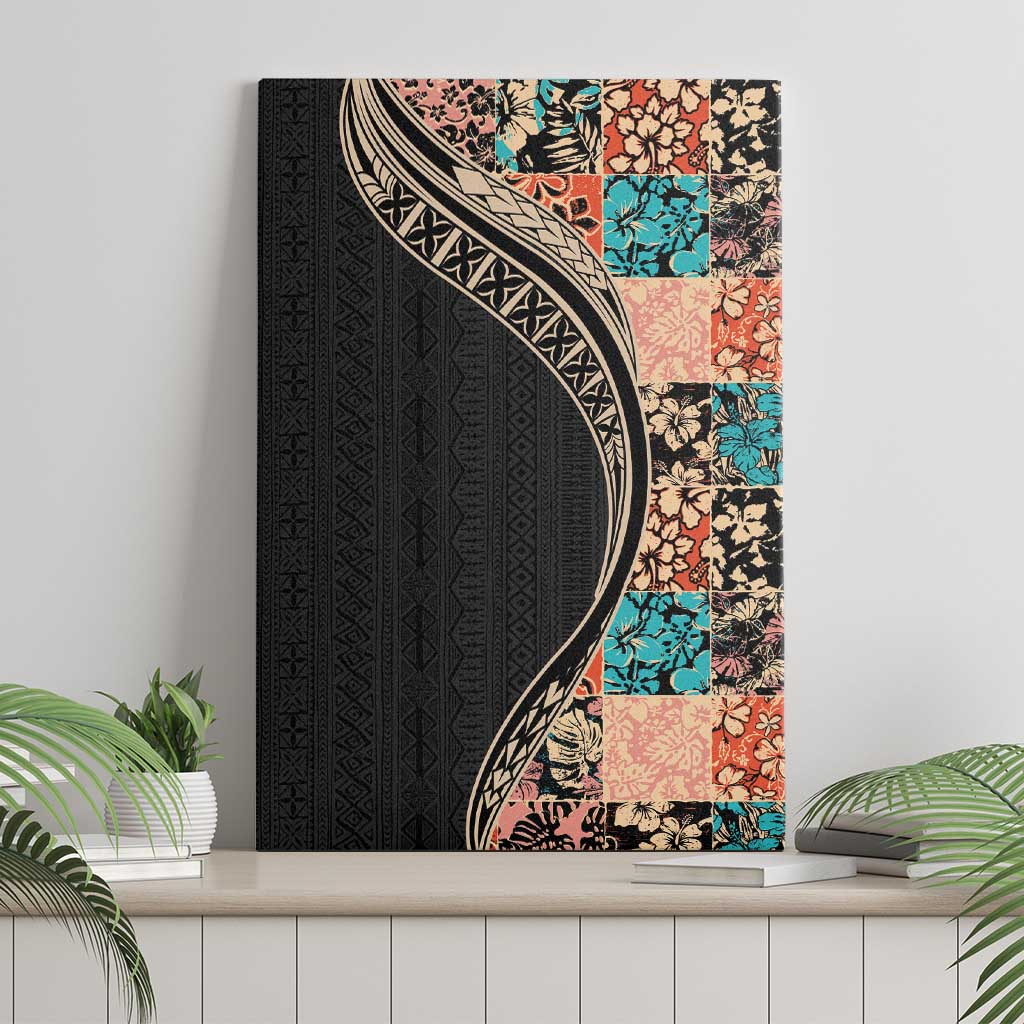 Hawaiian Hibiscus and Tropical Leaves Canvas Wall Art Patchwork Grunge Abstract and Tapa Tribal Pattern Half Style LT03 - Polynesian Pride