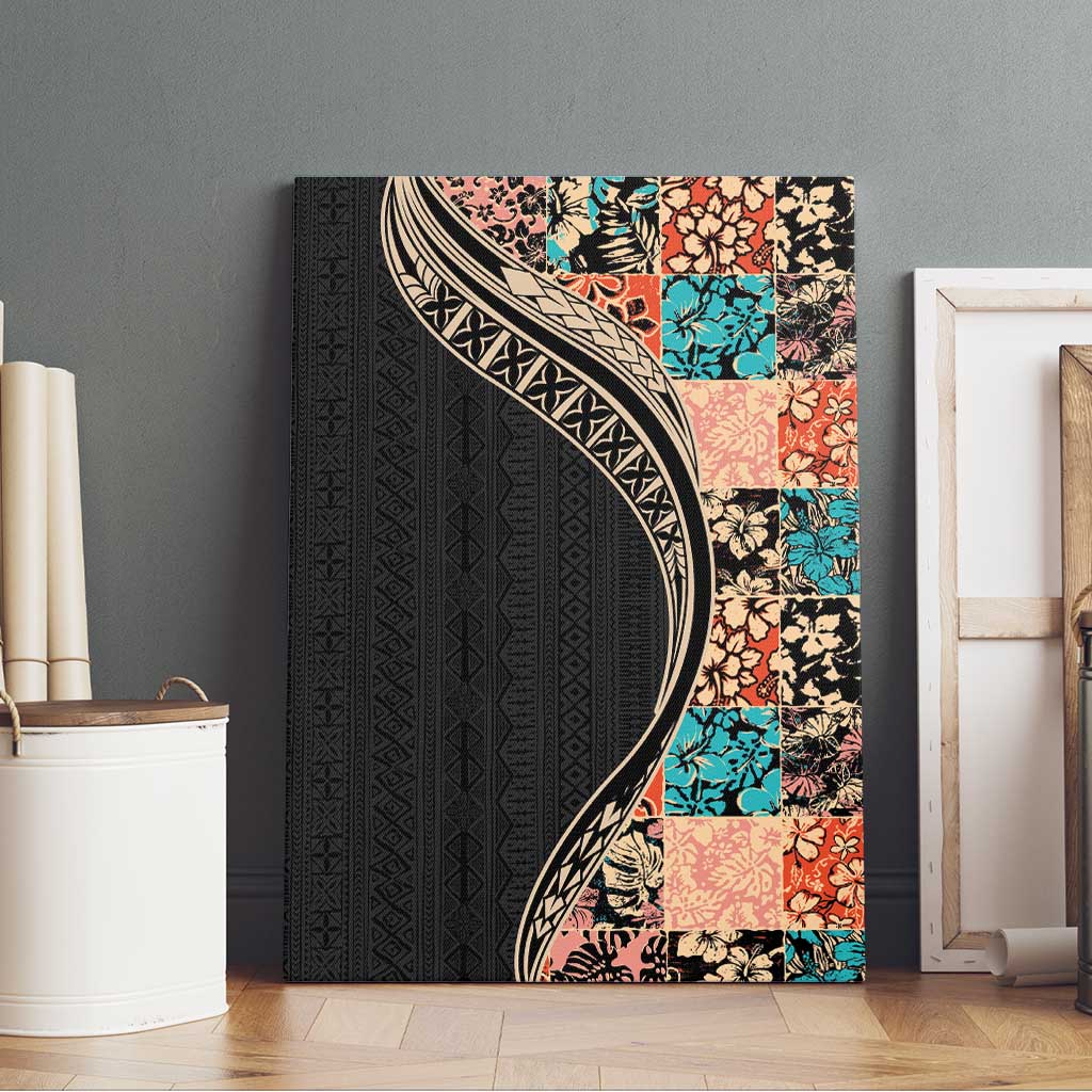 Hawaiian Hibiscus and Tropical Leaves Canvas Wall Art Patchwork Grunge Abstract and Tapa Tribal Pattern Half Style LT03 - Polynesian Pride