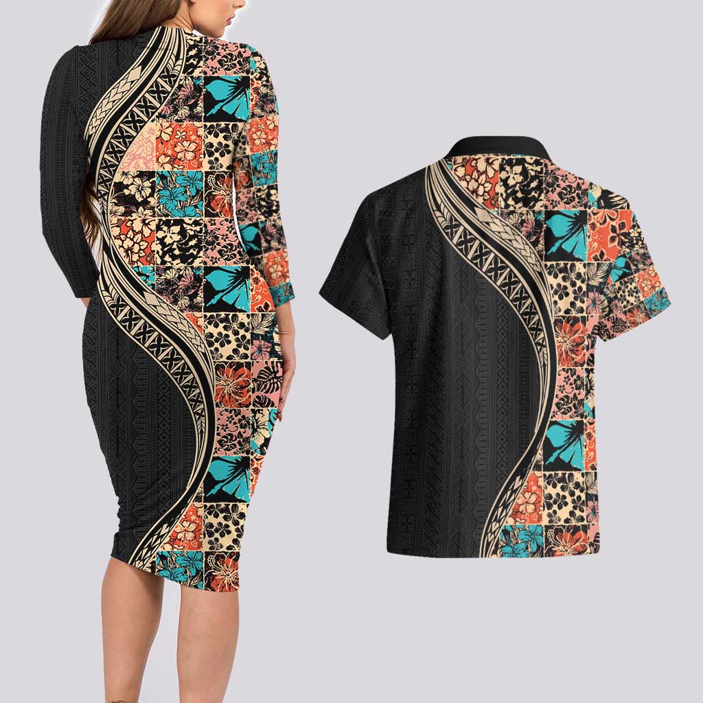 Hawaiian Hibiscus and Tropical Leaves Couples Matching Long Sleeve Bodycon Dress and Hawaiian Shirt Patchwork Grunge Abstract and Tapa Tribal Pattern Half Style LT03 - Polynesian Pride