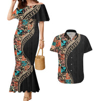 Hawaiian Hibiscus and Tropical Leaves Couples Matching Mermaid Dress and Hawaiian Shirt Patchwork Grunge Abstract and Tapa Tribal Pattern Half Style LT03 Black - Polynesian Pride
