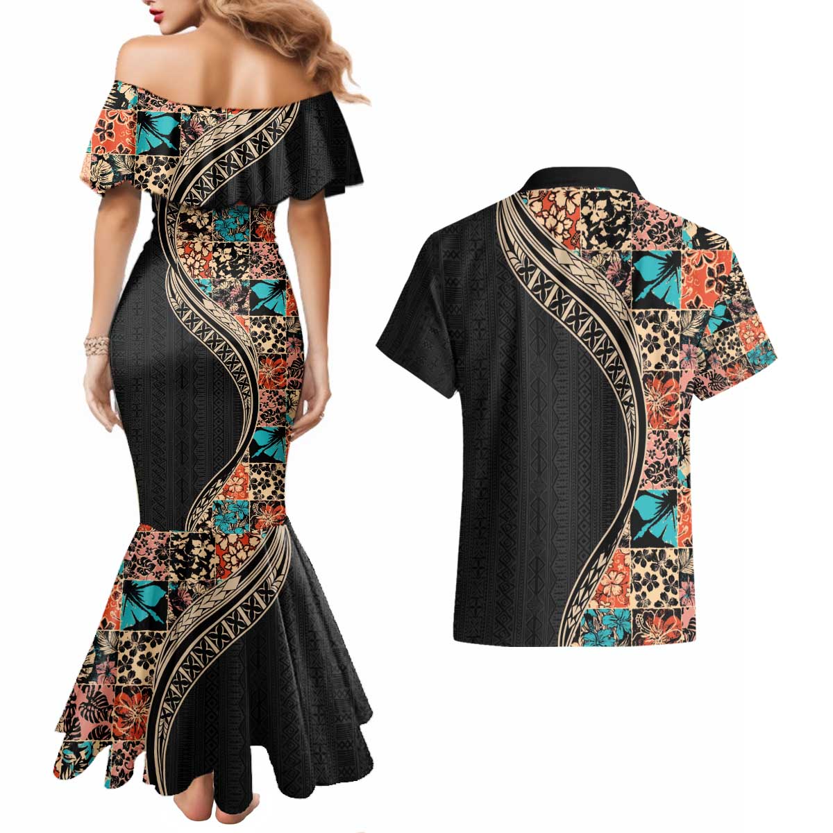 Hawaiian Hibiscus and Tropical Leaves Couples Matching Mermaid Dress and Hawaiian Shirt Patchwork Grunge Abstract and Tapa Tribal Pattern Half Style LT03 - Polynesian Pride