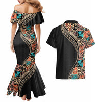 Hawaiian Hibiscus and Tropical Leaves Couples Matching Mermaid Dress and Hawaiian Shirt Patchwork Grunge Abstract and Tapa Tribal Pattern Half Style LT03 - Polynesian Pride