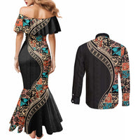 Hawaiian Hibiscus and Tropical Leaves Couples Matching Mermaid Dress and Long Sleeve Button Shirt Patchwork Grunge Abstract and Tapa Tribal Pattern Half Style