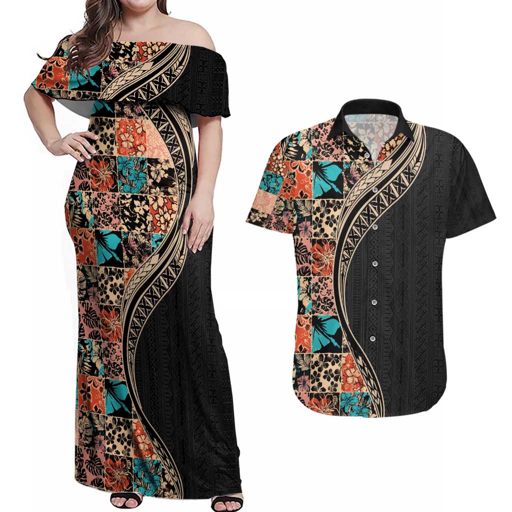 Hawaiian Hibiscus and Tropical Leaves Couples Matching Off Shoulder Maxi Dress and Hawaiian Shirt Patchwork Grunge Abstract and Tapa Tribal Pattern Half Style LT03 Black - Polynesian Pride