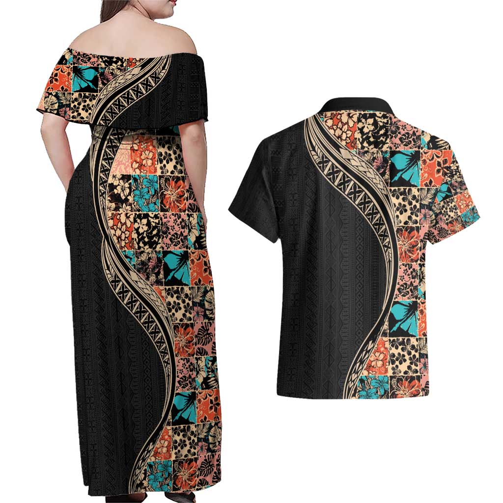 Hawaiian Hibiscus and Tropical Leaves Couples Matching Off Shoulder Maxi Dress and Hawaiian Shirt Patchwork Grunge Abstract and Tapa Tribal Pattern Half Style LT03 - Polynesian Pride