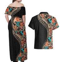 Hawaiian Hibiscus and Tropical Leaves Couples Matching Off Shoulder Maxi Dress and Hawaiian Shirt Patchwork Grunge Abstract and Tapa Tribal Pattern Half Style LT03 - Polynesian Pride
