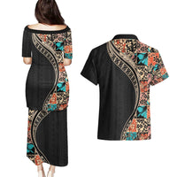 Hawaiian Hibiscus and Tropical Leaves Couples Matching Puletasi and Hawaiian Shirt Patchwork Grunge Abstract and Tapa Tribal Pattern Half Style LT03 - Polynesian Pride