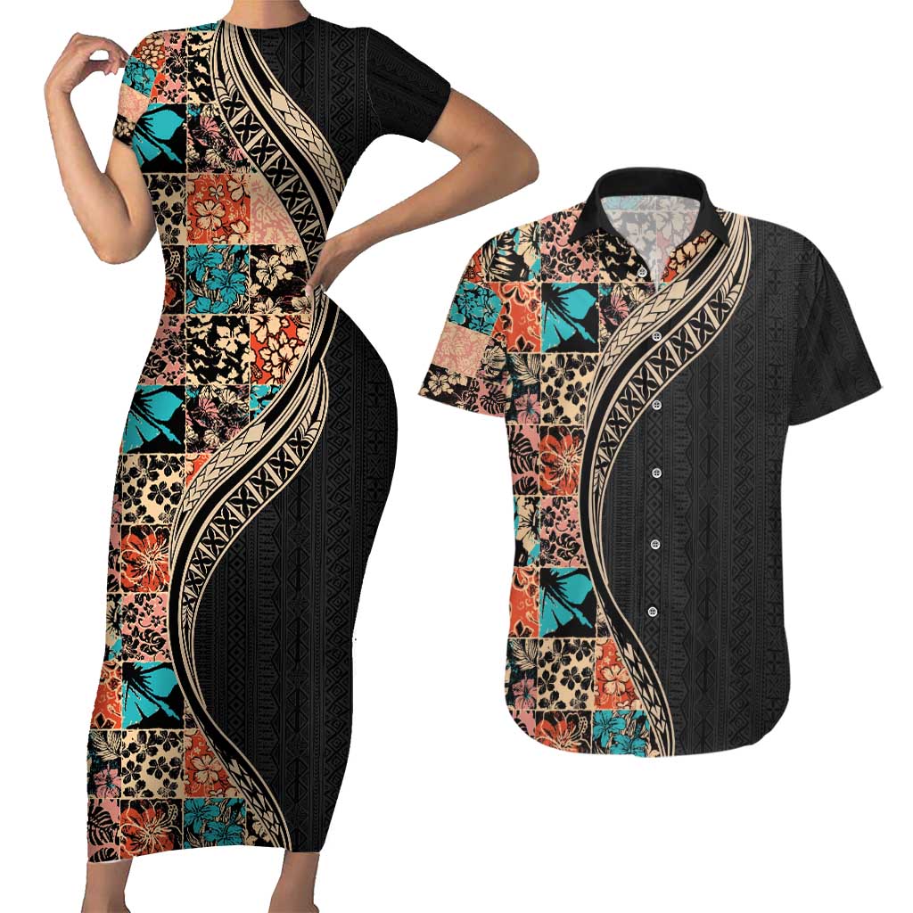 Hawaiian Hibiscus and Tropical Leaves Couples Matching Short Sleeve Bodycon Dress and Hawaiian Shirt Patchwork Grunge Abstract and Tapa Tribal Pattern Half Style LT03 Black - Polynesian Pride