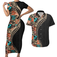 Hawaiian Hibiscus and Tropical Leaves Couples Matching Short Sleeve Bodycon Dress and Hawaiian Shirt Patchwork Grunge Abstract and Tapa Tribal Pattern Half Style LT03 Black - Polynesian Pride