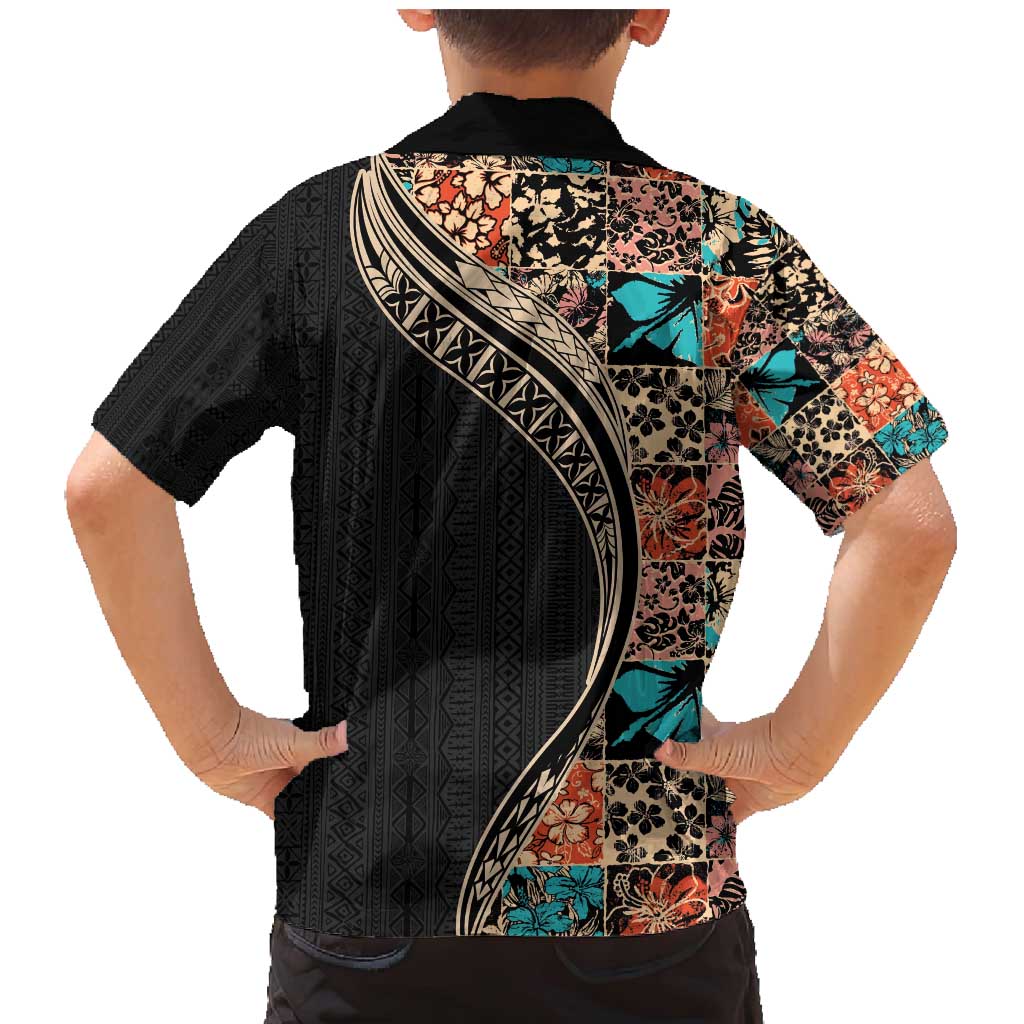Hawaiian Hibiscus and Tropical Leaves Family Matching Mermaid Dress and Hawaiian Shirt Patchwork Grunge Abstract and Tapa Tribal Pattern Half Style LT03 - Polynesian Pride