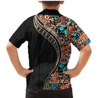 Hawaiian Hibiscus and Tropical Leaves Family Matching Mermaid Dress and Hawaiian Shirt Patchwork Grunge Abstract and Tapa Tribal Pattern Half Style LT03 - Polynesian Pride