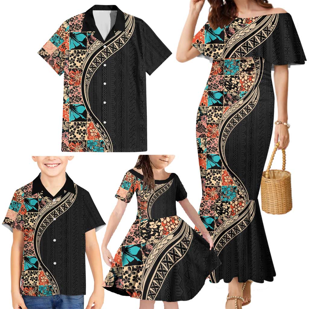Hawaiian Hibiscus and Tropical Leaves Family Matching Mermaid Dress and Hawaiian Shirt Patchwork Grunge Abstract and Tapa Tribal Pattern Half Style LT03 - Polynesian Pride
