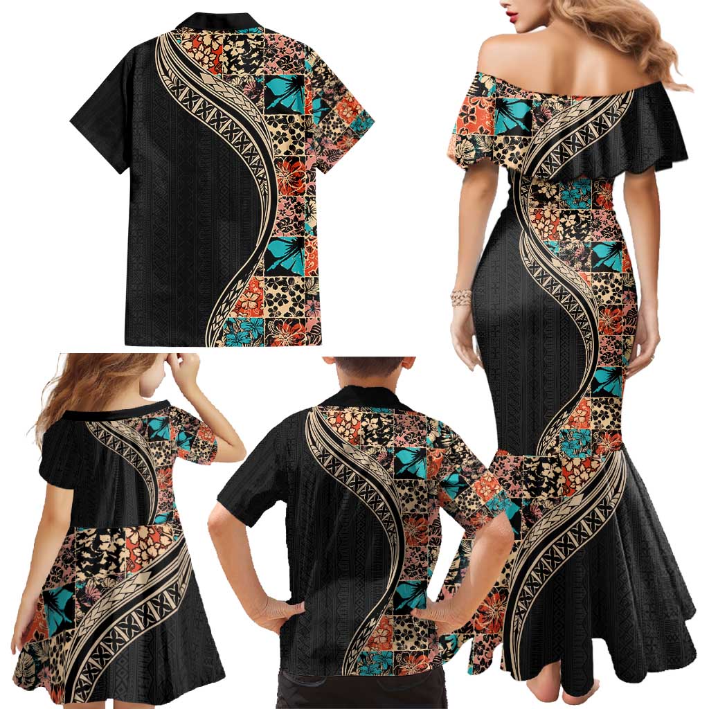 Hawaiian Hibiscus and Tropical Leaves Family Matching Mermaid Dress and Hawaiian Shirt Patchwork Grunge Abstract and Tapa Tribal Pattern Half Style LT03 - Polynesian Pride