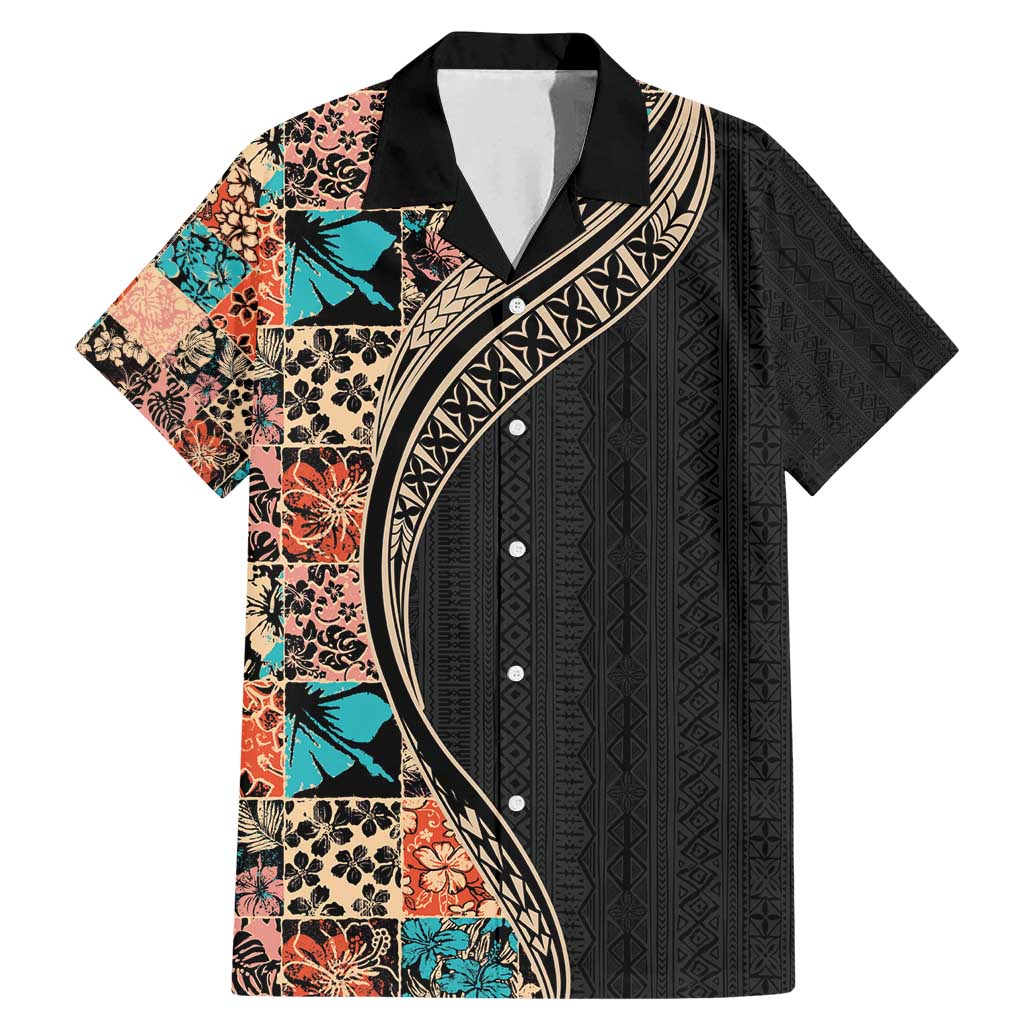 Hawaiian Hibiscus and Tropical Leaves Family Matching Mermaid Dress and Hawaiian Shirt Patchwork Grunge Abstract and Tapa Tribal Pattern Half Style LT03 Dad's Shirt - Short Sleeve Black - Polynesian Pride