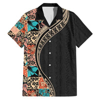 Hawaiian Hibiscus and Tropical Leaves Family Matching Mermaid Dress and Hawaiian Shirt Patchwork Grunge Abstract and Tapa Tribal Pattern Half Style LT03 Dad's Shirt - Short Sleeve Black - Polynesian Pride