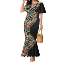 Hawaiian Hibiscus and Tropical Leaves Family Matching Mermaid Dress and Hawaiian Shirt Patchwork Grunge Abstract and Tapa Tribal Pattern Half Style LT03 Mom's Dress Black - Polynesian Pride
