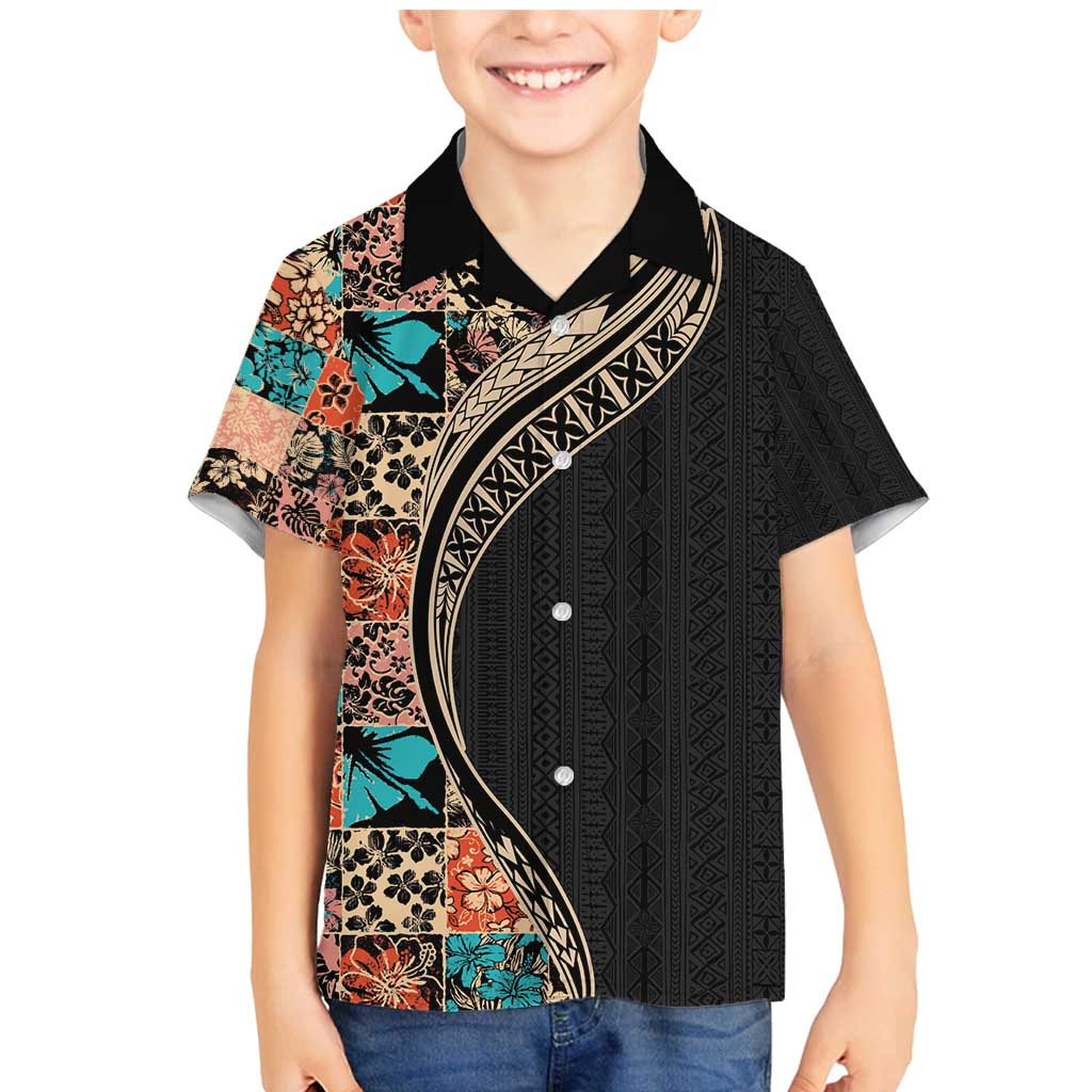 Hawaiian Hibiscus and Tropical Leaves Family Matching Mermaid Dress and Hawaiian Shirt Patchwork Grunge Abstract and Tapa Tribal Pattern Half Style LT03 Son's Shirt Black - Polynesian Pride