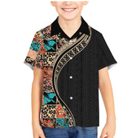 Hawaiian Hibiscus and Tropical Leaves Family Matching Mermaid Dress and Hawaiian Shirt Patchwork Grunge Abstract and Tapa Tribal Pattern Half Style LT03 Son's Shirt Black - Polynesian Pride