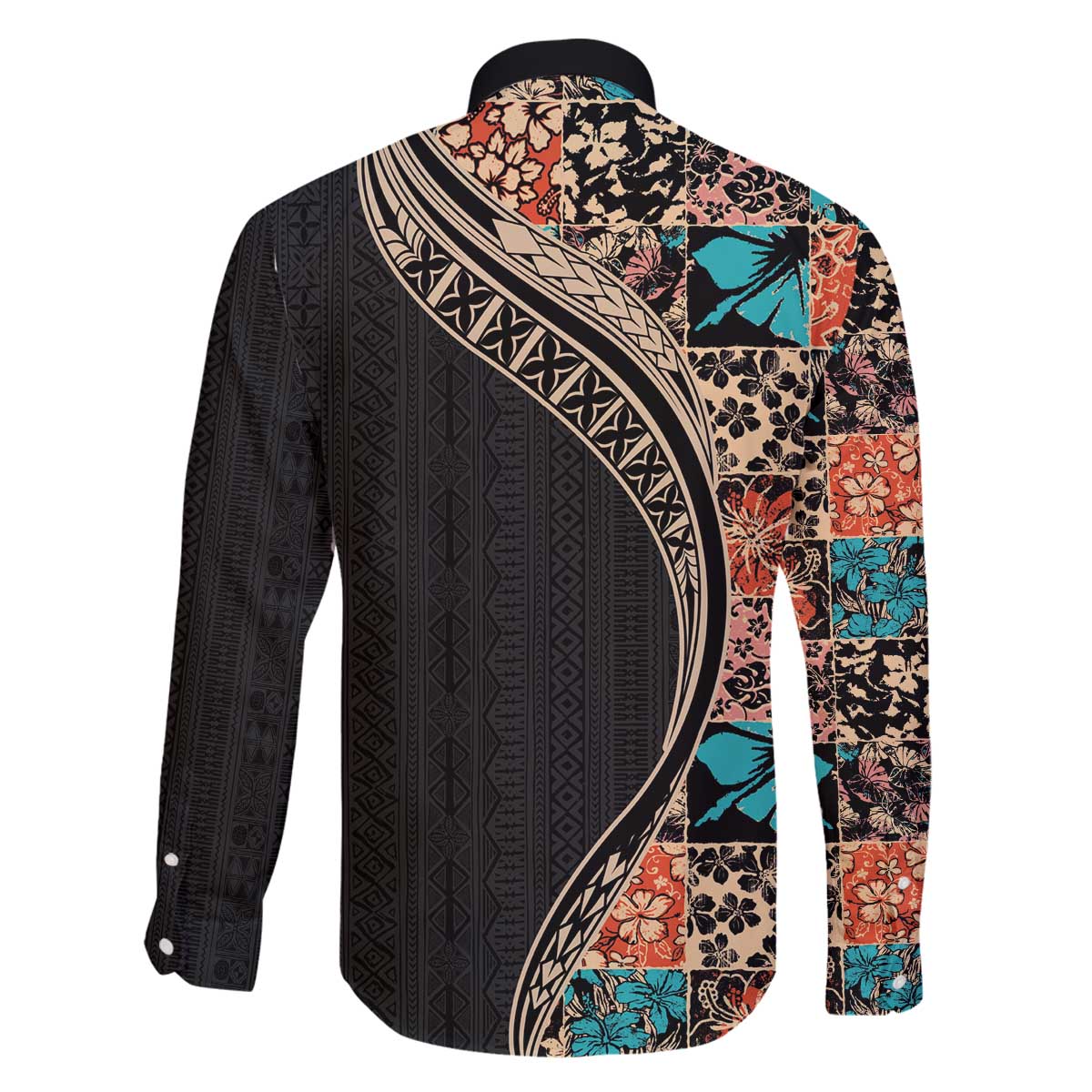 Hawaiian Hibiscus and Tropical Leaves Family Matching Off The Shoulder Long Sleeve Dress and Hawaiian Shirt Patchwork Grunge Abstract and Tapa Tribal Pattern Half Style