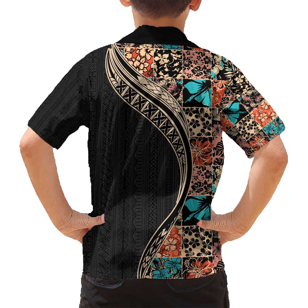 Hawaiian Hibiscus and Tropical Leaves Family Matching Off Shoulder Maxi Dress and Hawaiian Shirt Patchwork Grunge Abstract and Tapa Tribal Pattern Half Style LT03 - Polynesian Pride