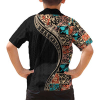 Hawaiian Hibiscus and Tropical Leaves Family Matching Off Shoulder Maxi Dress and Hawaiian Shirt Patchwork Grunge Abstract and Tapa Tribal Pattern Half Style LT03 - Polynesian Pride