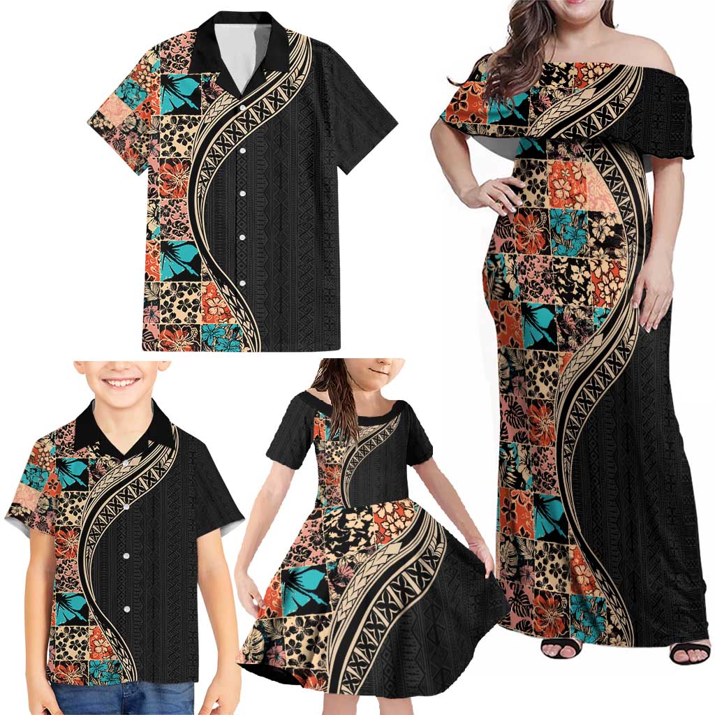 Hawaiian Hibiscus and Tropical Leaves Family Matching Off Shoulder Maxi Dress and Hawaiian Shirt Patchwork Grunge Abstract and Tapa Tribal Pattern Half Style LT03 - Polynesian Pride