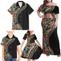 Hawaiian Hibiscus and Tropical Leaves Family Matching Off Shoulder Maxi Dress and Hawaiian Shirt Patchwork Grunge Abstract and Tapa Tribal Pattern Half Style LT03 - Polynesian Pride