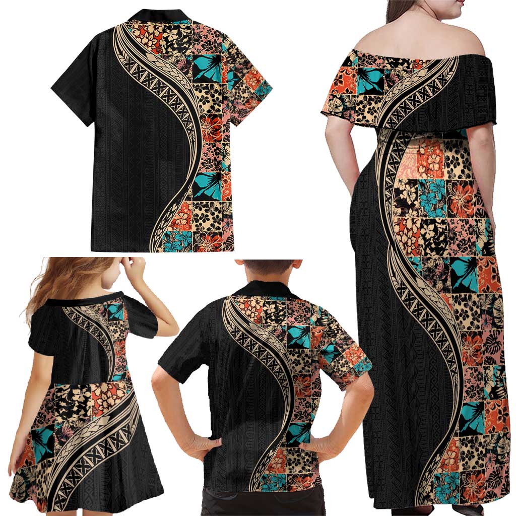 Hawaiian Hibiscus and Tropical Leaves Family Matching Off Shoulder Maxi Dress and Hawaiian Shirt Patchwork Grunge Abstract and Tapa Tribal Pattern Half Style LT03 - Polynesian Pride