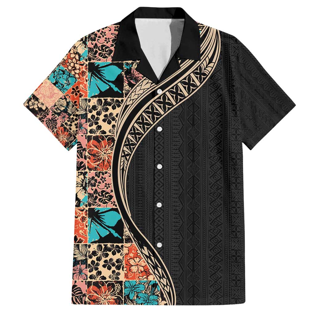 Hawaiian Hibiscus and Tropical Leaves Family Matching Off Shoulder Maxi Dress and Hawaiian Shirt Patchwork Grunge Abstract and Tapa Tribal Pattern Half Style LT03 Dad's Shirt - Short Sleeve Black - Polynesian Pride