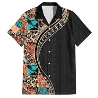 Hawaiian Hibiscus and Tropical Leaves Family Matching Off Shoulder Maxi Dress and Hawaiian Shirt Patchwork Grunge Abstract and Tapa Tribal Pattern Half Style LT03 Dad's Shirt - Short Sleeve Black - Polynesian Pride