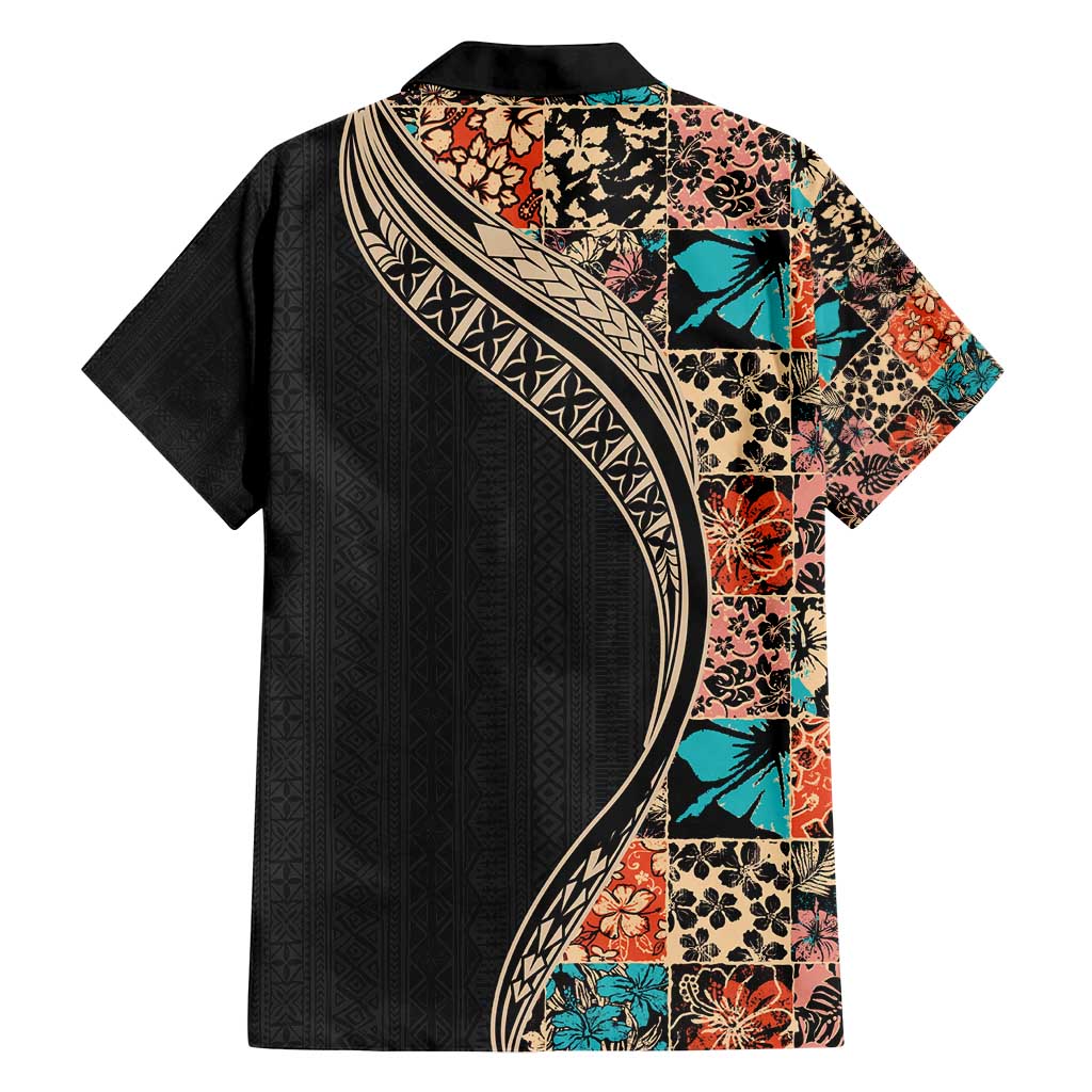 Hawaiian Hibiscus and Tropical Leaves Family Matching Off Shoulder Maxi Dress and Hawaiian Shirt Patchwork Grunge Abstract and Tapa Tribal Pattern Half Style LT03 - Polynesian Pride
