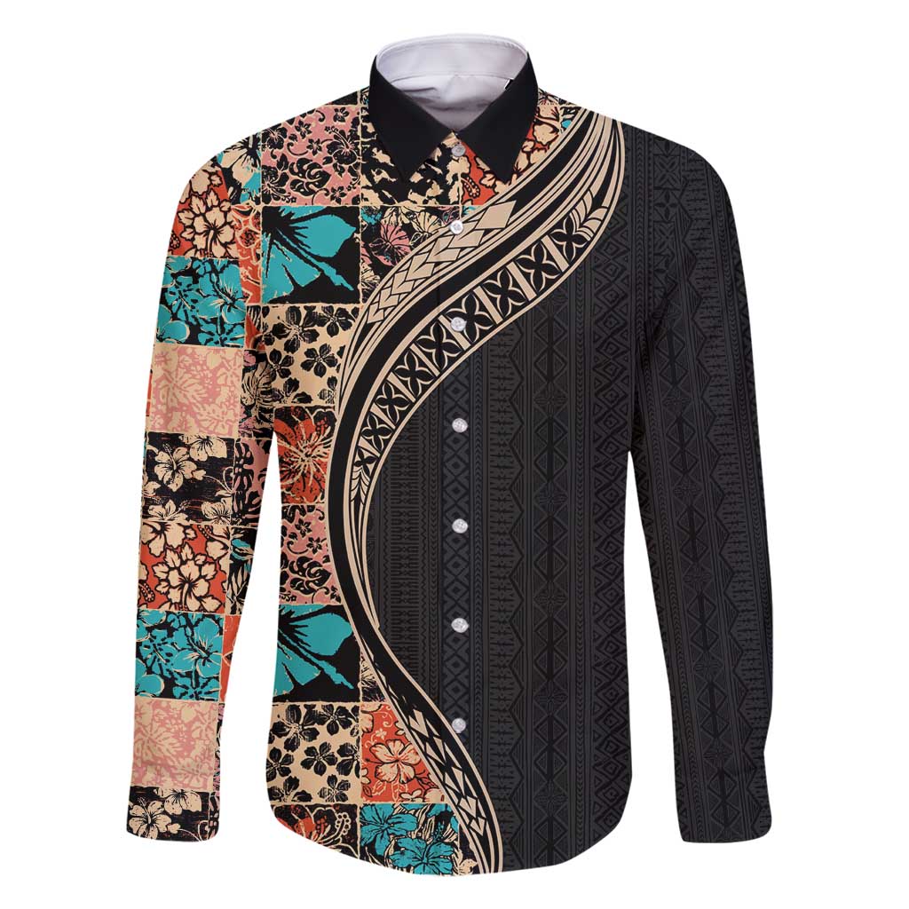 Hawaiian Hibiscus and Tropical Leaves Family Matching Off Shoulder Maxi Dress and Hawaiian Shirt Patchwork Grunge Abstract and Tapa Tribal Pattern Half Style LT03 Dad's Shirt - Long Sleeve Black - Polynesian Pride
