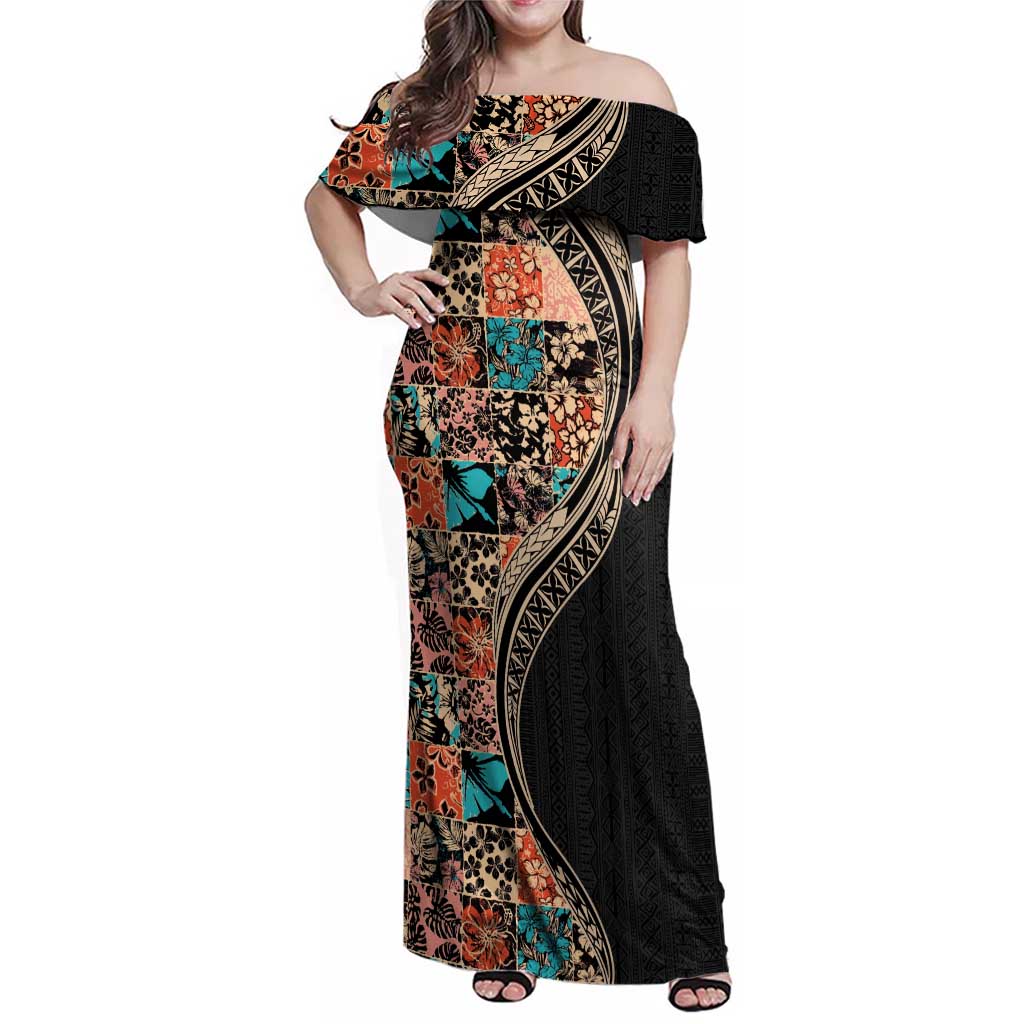 Hawaiian Hibiscus and Tropical Leaves Family Matching Off Shoulder Maxi Dress and Hawaiian Shirt Patchwork Grunge Abstract and Tapa Tribal Pattern Half Style LT03 Mom's Dress Black - Polynesian Pride