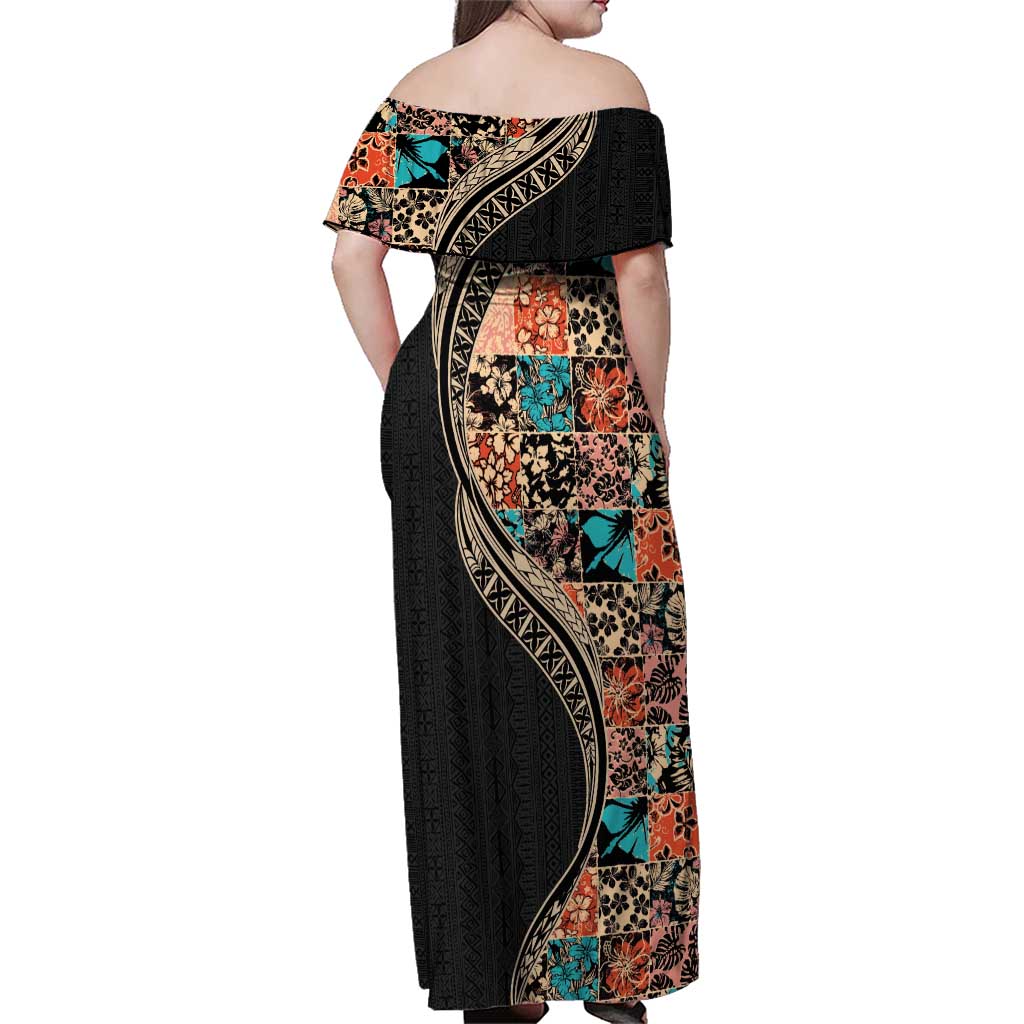 Hawaiian Hibiscus and Tropical Leaves Family Matching Off Shoulder Maxi Dress and Hawaiian Shirt Patchwork Grunge Abstract and Tapa Tribal Pattern Half Style LT03 - Polynesian Pride