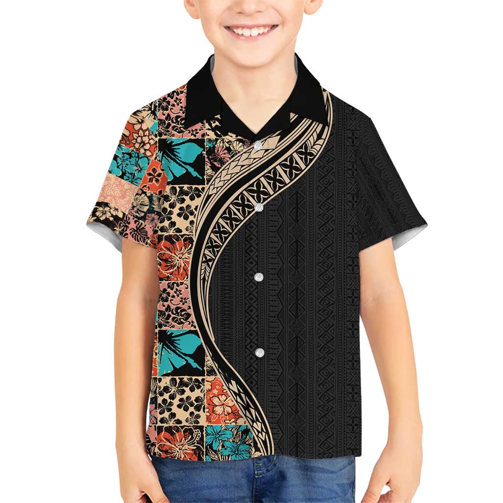 Hawaiian Hibiscus and Tropical Leaves Family Matching Off Shoulder Maxi Dress and Hawaiian Shirt Patchwork Grunge Abstract and Tapa Tribal Pattern Half Style LT03 Son's Shirt Black - Polynesian Pride