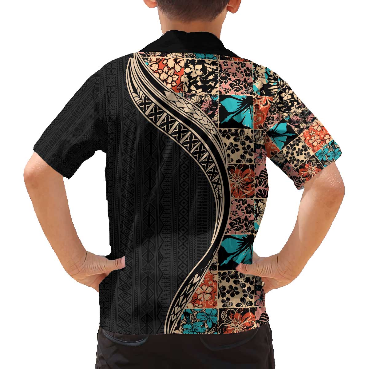 Hawaiian Hibiscus and Tropical Leaves Family Matching Off Shoulder Short Dress and Hawaiian Shirt Patchwork Grunge Abstract and Tapa Tribal Pattern Half Style