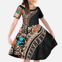 Hawaiian Hibiscus and Tropical Leaves Family Matching Puletasi and Hawaiian Shirt Patchwork Grunge Abstract and Tapa Tribal Pattern Half Style LT03 Daughter's Dress Black - Polynesian Pride