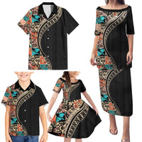 Hawaiian Hibiscus and Tropical Leaves Family Matching Puletasi and Hawaiian Shirt Patchwork Grunge Abstract and Tapa Tribal Pattern Half Style LT03 - Polynesian Pride
