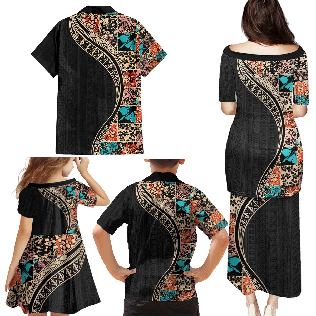 Hawaiian Hibiscus and Tropical Leaves Family Matching Puletasi and Hawaiian Shirt Patchwork Grunge Abstract and Tapa Tribal Pattern Half Style LT03 - Polynesian Pride