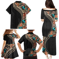Hawaiian Hibiscus and Tropical Leaves Family Matching Puletasi and Hawaiian Shirt Patchwork Grunge Abstract and Tapa Tribal Pattern Half Style LT03 - Polynesian Pride
