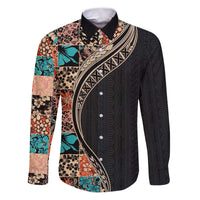 Hawaiian Hibiscus and Tropical Leaves Family Matching Puletasi and Hawaiian Shirt Patchwork Grunge Abstract and Tapa Tribal Pattern Half Style LT03 Dad's Shirt - Long Sleeve Black - Polynesian Pride