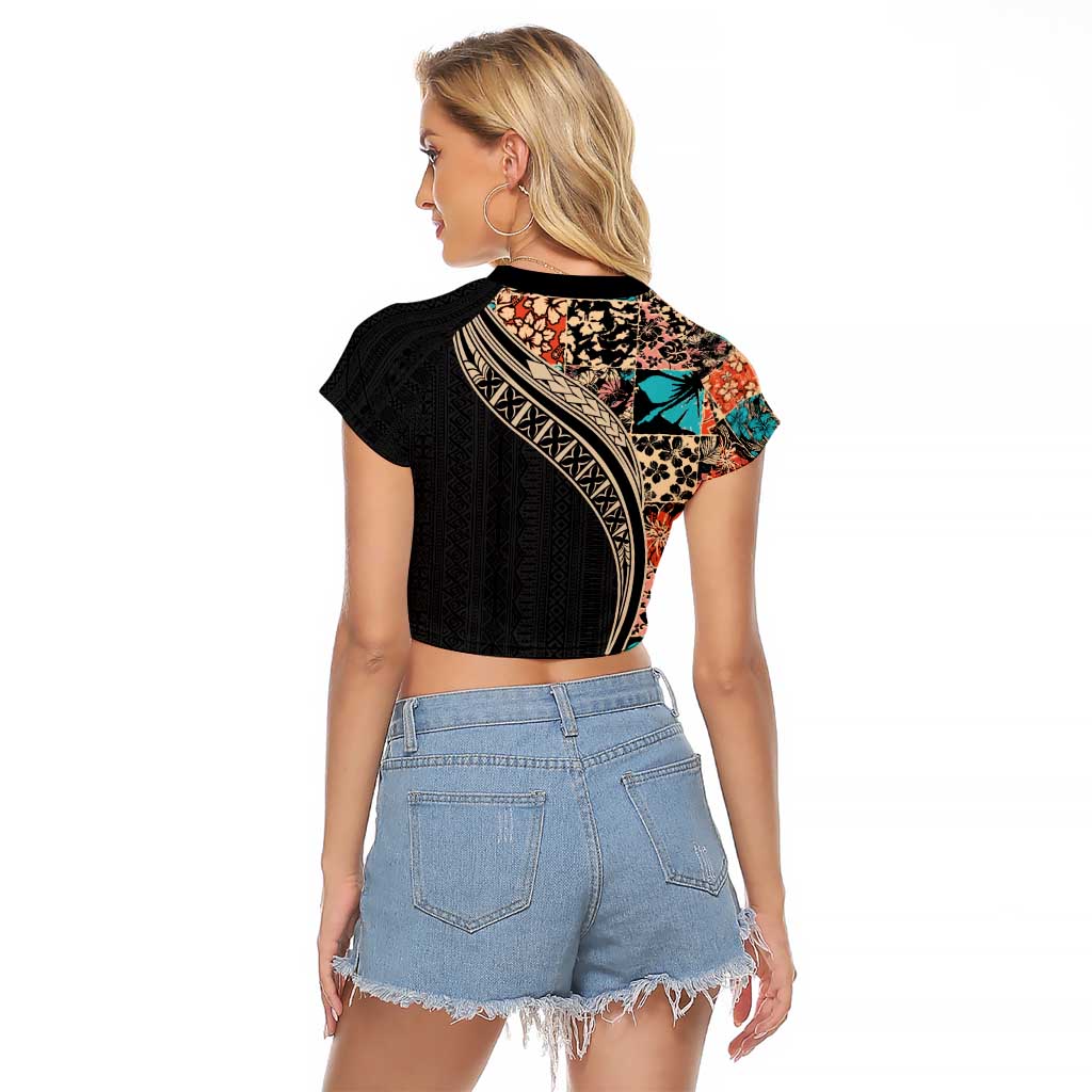 Hawaiian Hibiscus and Tropical Leaves Raglan Cropped T Shirt Patchwork Grunge Abstract and Tapa Tribal Pattern Half Style LT03 - Polynesian Pride