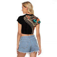 Hawaiian Hibiscus and Tropical Leaves Raglan Cropped T Shirt Patchwork Grunge Abstract and Tapa Tribal Pattern Half Style LT03 - Polynesian Pride