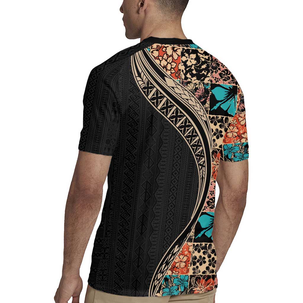 Hawaiian Hibiscus and Tropical Leaves Rugby Jersey Patchwork Grunge Abstract and Tapa Tribal Pattern Half Style