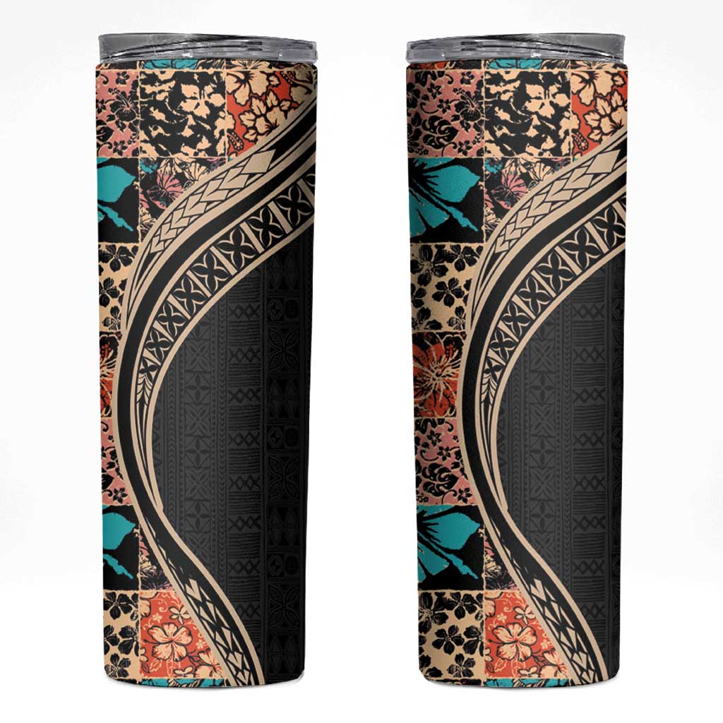 Hawaiian Hibiscus and Tropical Leaves Skinny Tumbler Patchwork Grunge Abstract and Tapa Tribal Pattern Half Style LT03 Black - Polynesian Pride