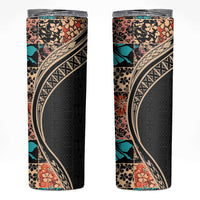 Hawaiian Hibiscus and Tropical Leaves Skinny Tumbler Patchwork Grunge Abstract and Tapa Tribal Pattern Half Style LT03 Black - Polynesian Pride